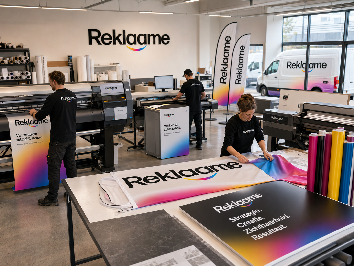 Productieruimte van Reklaame met printers en signing